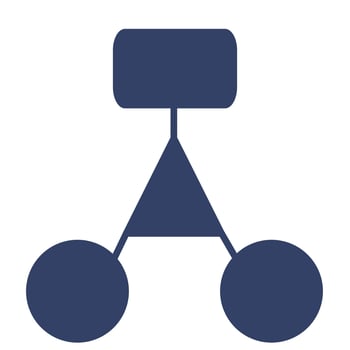 Abstract illustration of a hierarchical structure represented by interconnected geometric shapes a rectangle, a triangle, and two circles, rendered in a muted navy blue color palette. vector