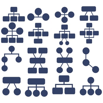 A set of sixteen unique hierarchy chart icons, featuring a combination of circles and rectangles in a darkblue shade, offering diverse organizational structures for visual representation. vector