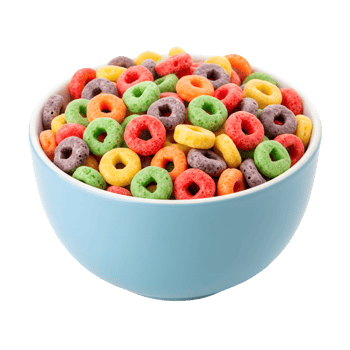 A blue bowl is filled with colorful fruit cereal rings, offering a sweet and vibrant breakfast option, isolated on transparent background png