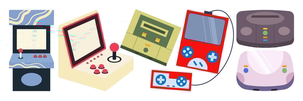 Colorful arcade machines and game consoles vector
