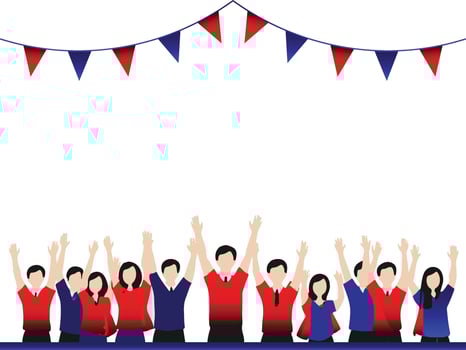 Group of People Celebrating with Raised Hands and Decorative Banners vector