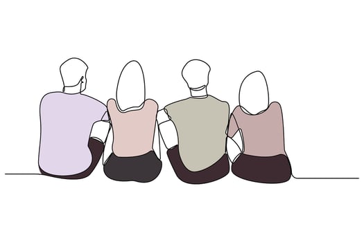 Friends sitting together continuous line art drawing. Minimalist friendship concept background vector