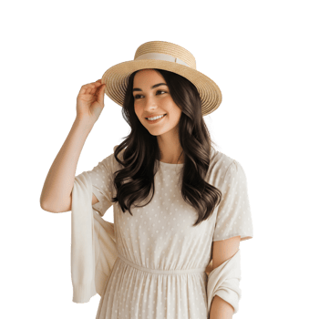 A beautiful woman in a straw hat smiles joyfully, posing elegantly against a transparent background in a studio fashion portrait png