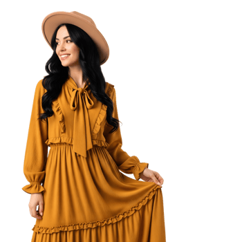 A beautiful woman in a long yellow dress and hat poses elegantly, isolated on transparent background png