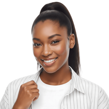 A beautiful young black woman with a ponytail smiles confidently at the camera, isolated on transparent background png