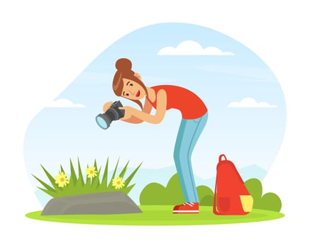 Young Woman with Camera Taking Photograph of Flowers Outdoor Illustration vector