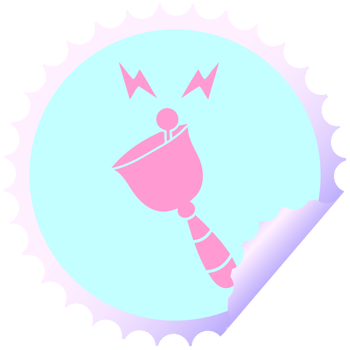 circular peeling sticker cartoon of a ringing hand bell in bright neon color png