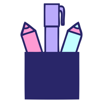 A purple pencil case with three pens and a pencil png