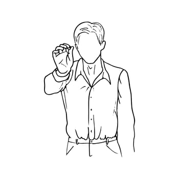 faceless portrait of a man in a shirt raising his hand with chalk to write at eye level - hand drawn line art vector