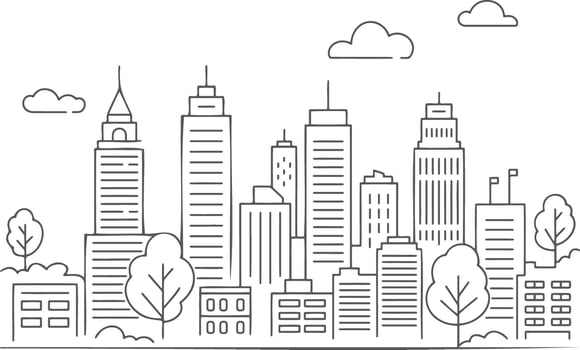 Cityscape with skyscrapers trees and clouds line art buildings vector