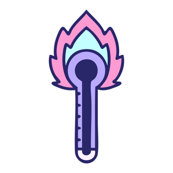 A pink and blue thermometer with a flame on it png