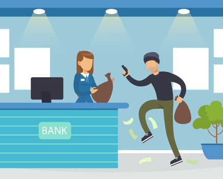 Bandit Theft Thief Threatening Weapon to Female Manager Robbing Bank, Bank Robbery Criminal Scene Flat Illustration vector