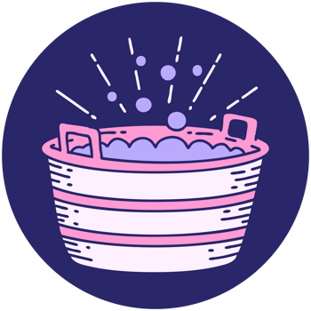 A pink and purple icon of a bucket with bubbles png