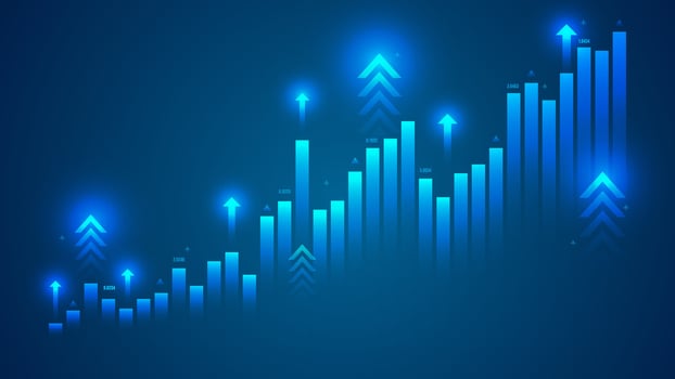 Blue up rising arrows in business growth analysis chart background template vector