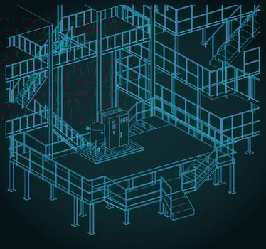 Industrial production. Stairs and equipments isometric blueprint vector