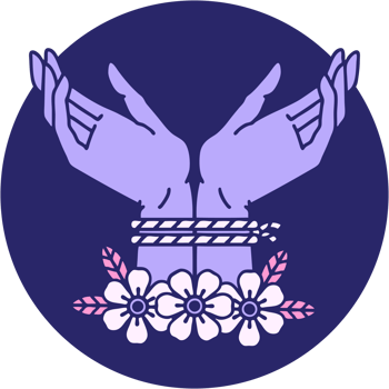 A purple circle with two hands holding flowers png