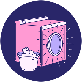 A pink washing machine with a bucket of soap png