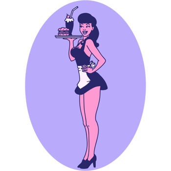 A cartoon woman holding a tray with a drink png