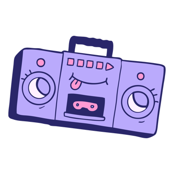 A purple boombox with a tongue and eyes png