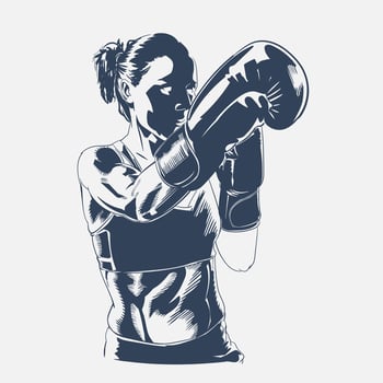 Strong athletic female boxer with gloves in defensive guard stance during training or fight preparation, illustration vector