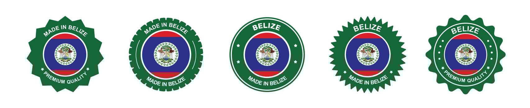 Belize product label set. Belize flag, premium made in Belize. Labels, seals, stamps, flags, icons. vector