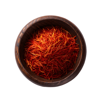 Aromatic saffron threads fill a wooden bowl on a transparent background. png