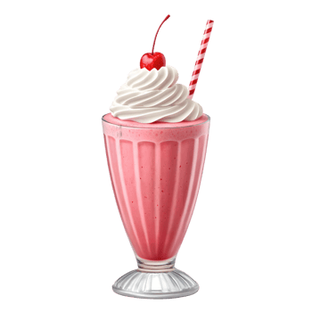 Delicious pink milkshake with whipped cream and cherry topping, transparent background png