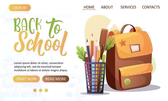 Back to School landing page with backpack and stationery vector