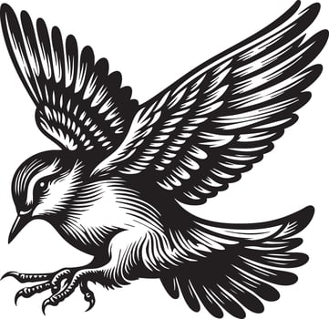 Detailed Illustration of a Small Bird in Mid Flight with Wings Spread Wide vector