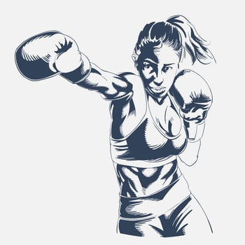 Strong female boxer in action pose, athletic woman fighter in boxing gloves, hand-drawn illustration vector