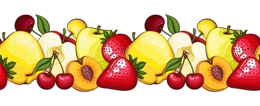 Food Border. Seamless Garland with Fruits. Horizontal Border with fresh Fruits. Fruits Background Seamless. Healthy Food Concept. Organic Food Farmers Markets, Banner, Flyer, Wallpaper, textile vector