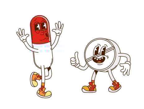 Groovy medicine drug capsule and pill characters vector