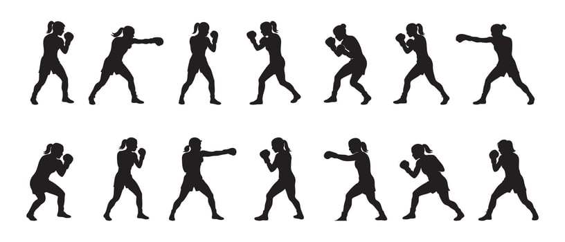 Black silhouette of female boxer in various boxing poses, isolated on white background, graphic illustration. concept of athlete, sport, fitness, martial arts, design element vector