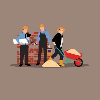 Illustration of construction workers working on a brick wall vector
