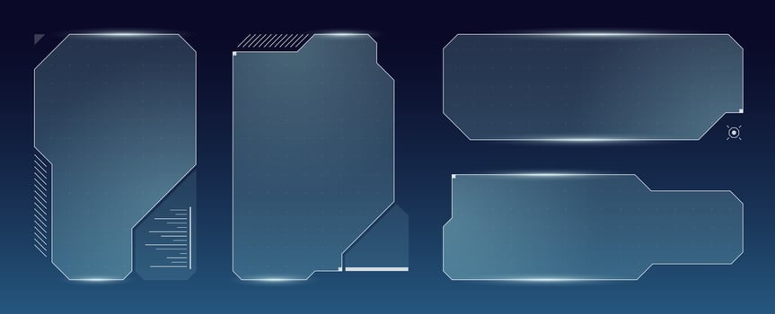 Blue cyberpunk HUD set featuring digital windows, panel grid and infographic highlights. Ideal for futuristic games, control rooms or sci fi user interface presentations. vector