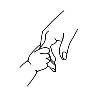Minimalist line art of a baby hand holding an adult finger, symbolizing love, care, trust, and parent-child bond. Ideal for family, parenting, or emotional themes. vector
