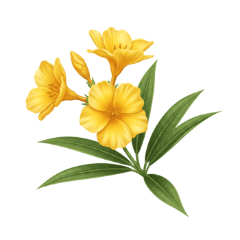 A cluster of vibrant yellow oleander flowers with green leaves is isolated on transparent background png