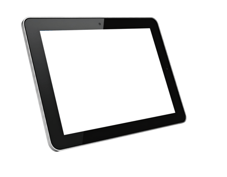 A modern digital tablet with a blank white screen, angled slightly to the right, perfect for showcasing content, technology, and interactive media concepts. png