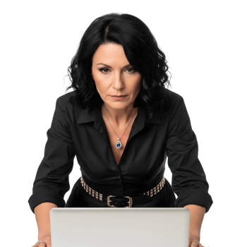 A focused brunette woman in a black shirt is working on her laptop, isolated on transparent background png