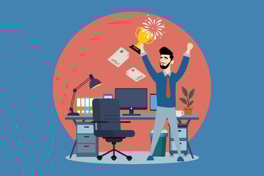 Business character with both hands up in the air celebrating success or achieving a goal. vector