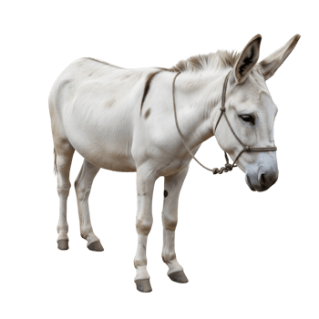 A gray and white donkey stands against a transparent background, its rope harness suggesting a life of work on a rural farm png