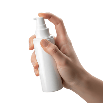 A hand holding and pressing a white cosmetic pump bottle isolated on transparent background, promoting skincare png