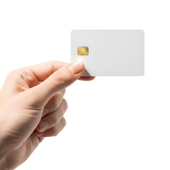 A hand holds a blank white credit card with a gold chip isolated on transparent background png