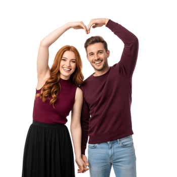 A happy couple makes a heart shape with their arms, symbolizing love and joy, isolated on transparent background png
