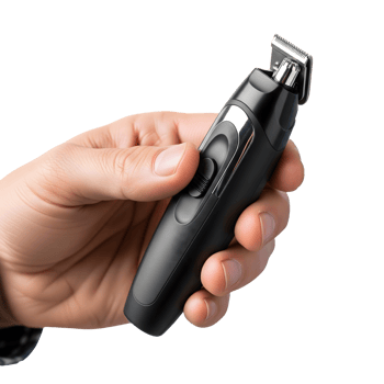 A mans hand holds a sleek black electric hair trimmer isolated on transparent background, showcasing its modern design and grooming functionality png
