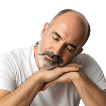 A middleaged man with closed eyes is sleeping peacefully, isolated on transparent background, resting his head on his hands png