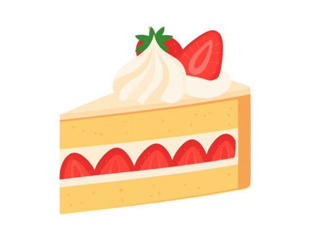 Strawberry shortcake slice with layers of sponge cake, cream filling, fresh strawberries and whipped cream topping png