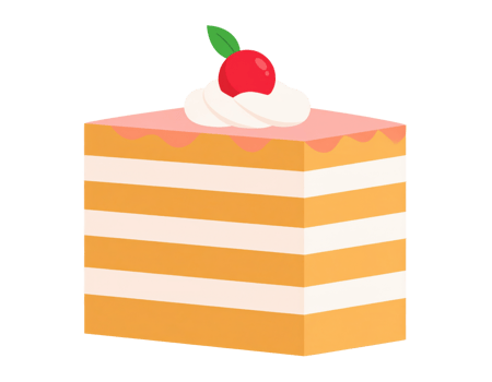 Layered sponge cake slice with cream filling topped with whipped cream and cherry illustration png
