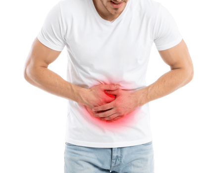 Man experiencing stomach pain and abdominal discomfort with red highlight showing digestive health issues png