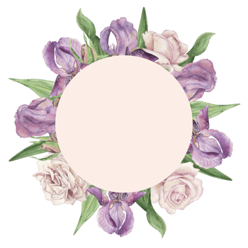 Round beige frame with purple irises, pink roses, green leaves. The flower illustration is hand-painted in watercolor in a botanical style. For wedding design, packaging, postcards, stationery png